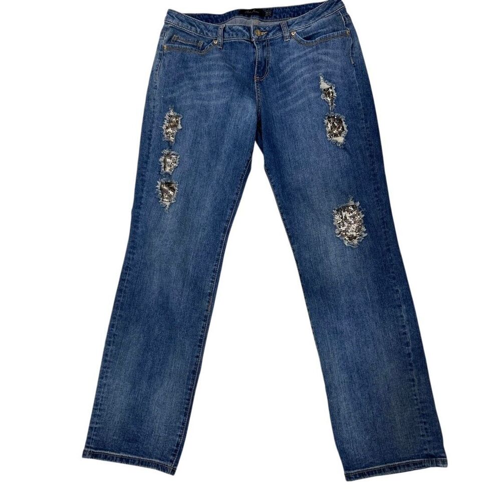 Poetic Justice Shaw Boyfriend Jeans Women's Sz 30/32 Blue Distressed Mesh Bling